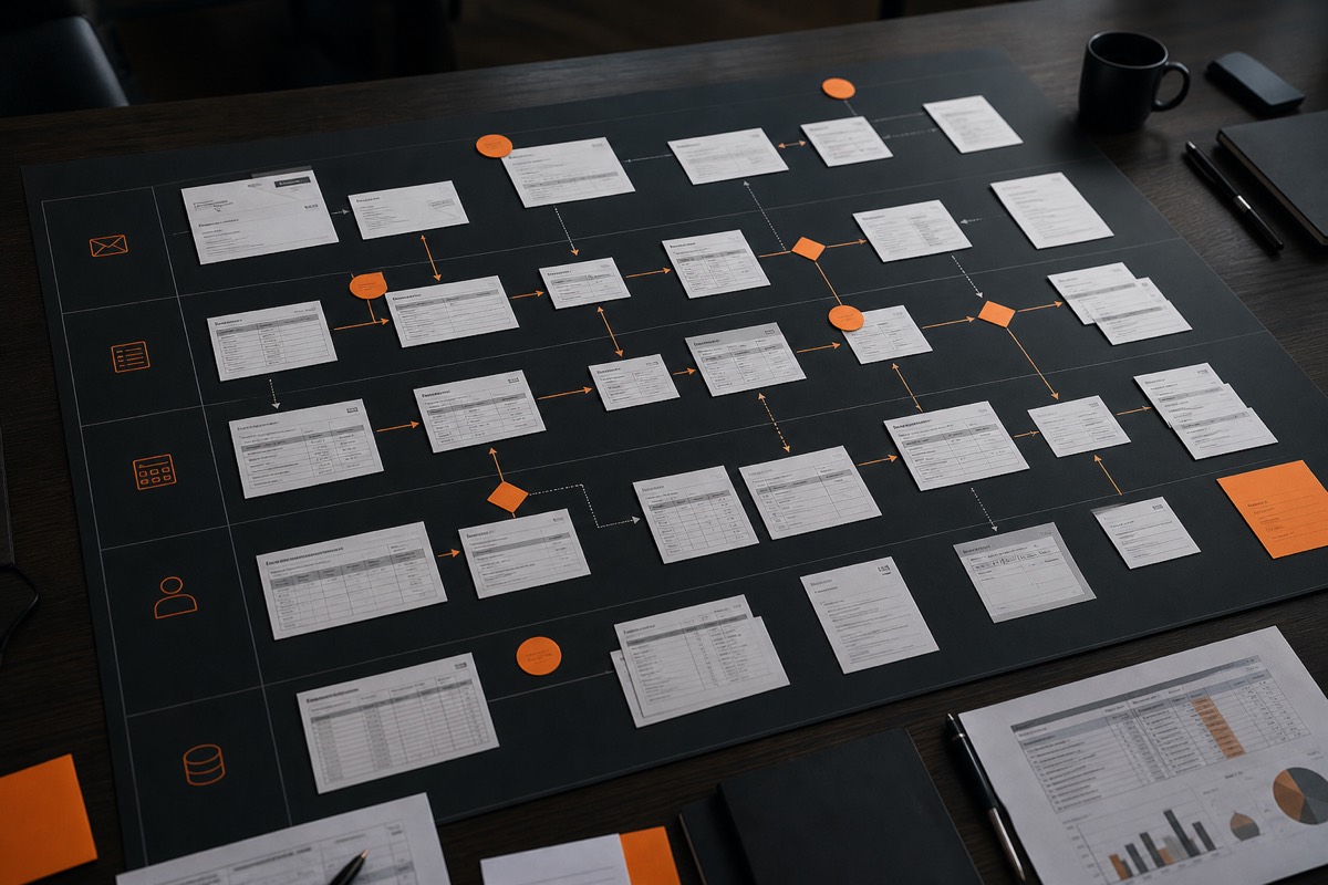 Visualisierung einer Prozessaufnahme: Postfach, Excel, ERP und Freigaben werden zu sichtbaren Schmerzpunkten verdichtet.