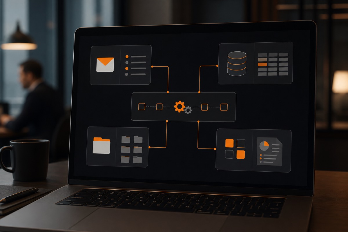 Visualisierung: E-Mail, ERP, SharePoint und Microsoft 365 werden zu einem laufenden Ablauf verbunden.